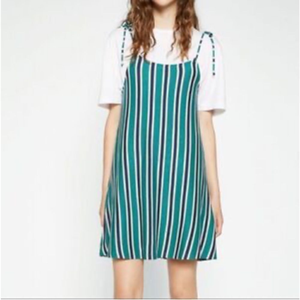 Zara Trafaluc Green/Navy Striped Knit Slip Dress. Size Small.